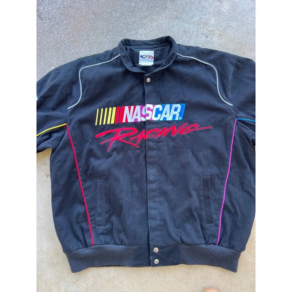 Vintage Nascar Racing Checkered Flag Sports Jacket 2XL Black D4 - Picture 2 of 6